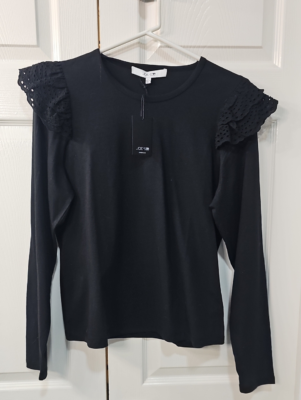 New Joe's Jeans Eyelet Embroidered Ruffle Feminine Cozycore Top Black Large